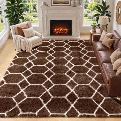 6x9 Area Rugs for Living Room Bedroom, Fluffy Brown and White Geometric Rug by ONASAR