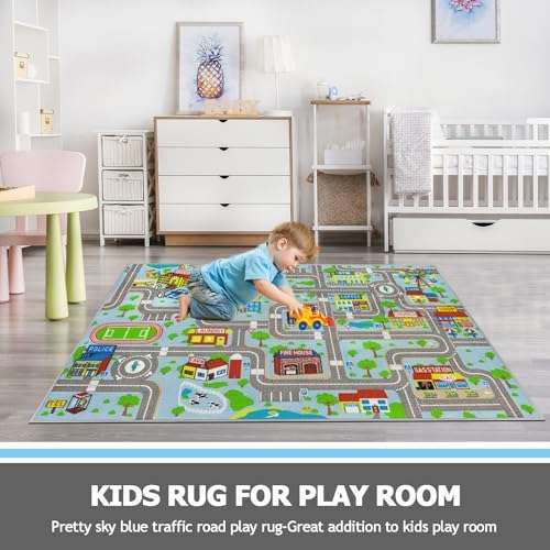 Capslpad Sky Blue Car Road Kid Rug Carpet Playmat for Playoom Traffic Road Kids Play Mat for Toddler Non Slip Washable City Map Race Track Carpet Rug for Kids Room Bedroom Nursery Room Decor,5.2'x3.3' - Image 7