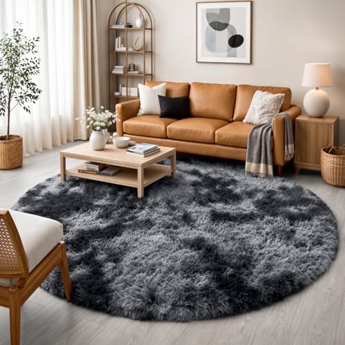 Amdrebio Tie-Dyed Dark Grey Big Round Area Rug 6Ft for Bedroom Living Room - Image 6