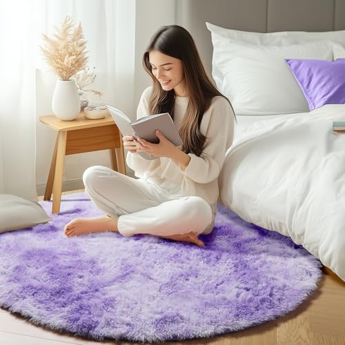 ONASAR Round Rugs 5ft for Bedroom Living Room, Tie-Dyed Purple Fluffy Circle Area Rug for Kids Girls Boys Teen, Soft Plush Shaggy Carpet for Nursery Dorm Classroom Playroom Home Decor Aesthetic - Image 5