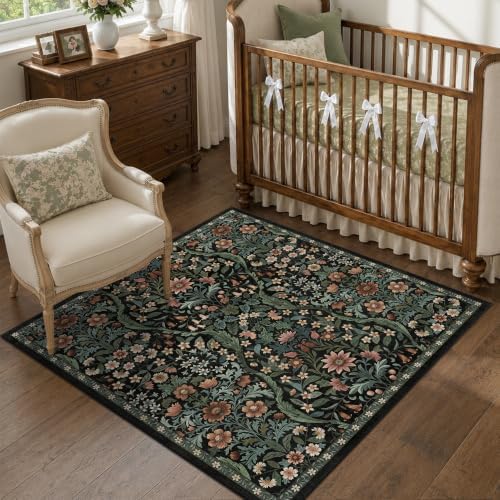 4x4 Square Rug Floral Washable Rugs for Entrance Indoor Doormat - Image 3