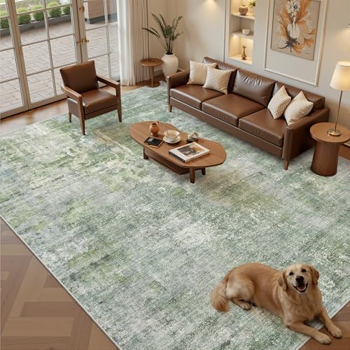 Soalmost Abstract Rug 8x12 Large Living Room Area Rugs Washable Green/Ivory by Soalmost