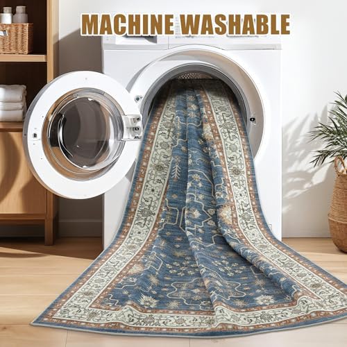 6x9 Area Rug for Living Room- Machine Washable Soft Oriental Vintage Large Indoor Floor Carpet for Bedroom Under Dining Table Home Office Decor - Dark Blue - Image 2