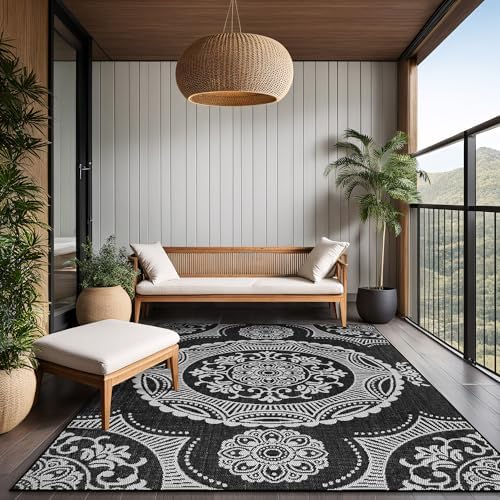 Luul Home Medallion Outdoor Rug 6x9 Washable Outside Carpet for Indoor Patio Porch Waterproof Easy Cleaning Non Shedding Area Rugs Black 6 x 9 - Image 7