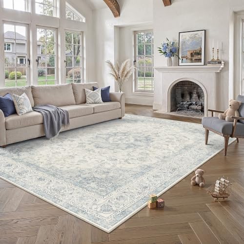 6x9 Blue Washable Area Rug Non Slip Vintage Carpet by WondRg