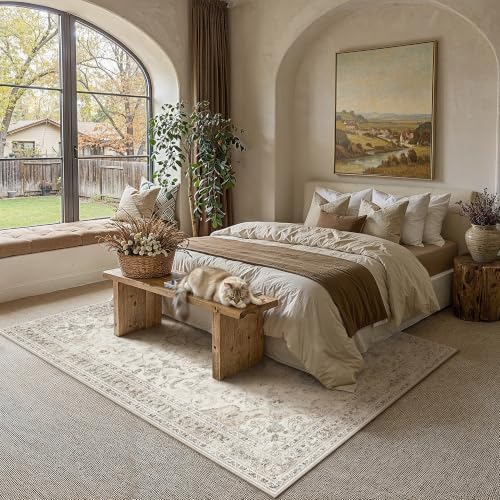PureCozy Beige Area Rug 9x12 Living Room Vintage Non-Slip Carpet - Image 3