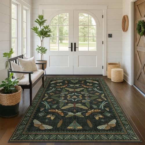 Dark Green Area Rugs 5x7 for Living Room - Fairy Fantasy Moss Rugs for Dining Room Table, Bedroom, Whimsical Insect Boho Moth Décor, Washable Non Skid Soft Carpet - Image 3
