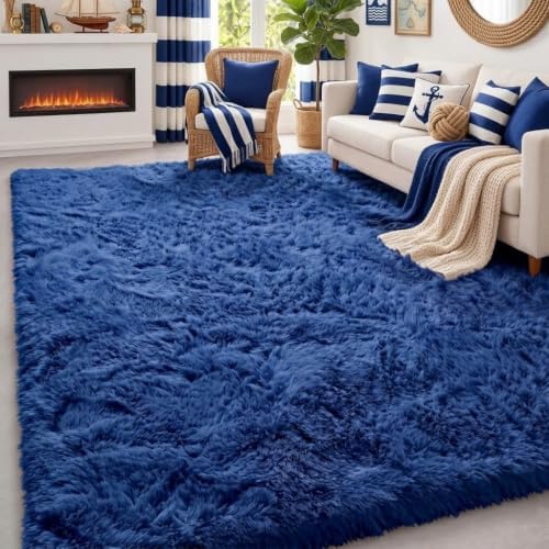 Navy Blue Rug 5x8 Ft, Fluffy Rugs for Living Room, Large Kids Room Carpets by PAGISOFE