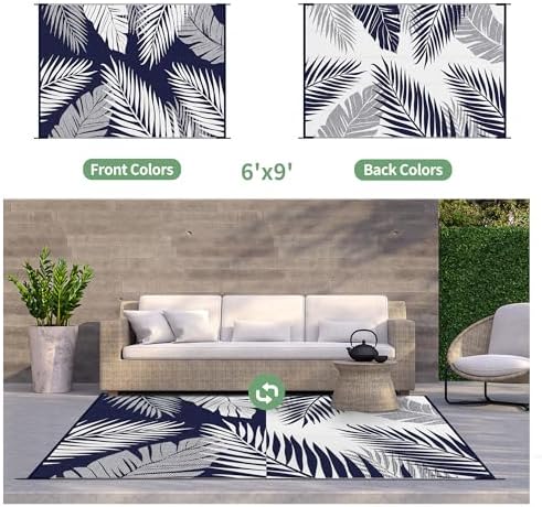 GENIMO Outdoor Rug, Waterproof Plastic Rugs for Patio, 6'x9' Blue White - Image 2