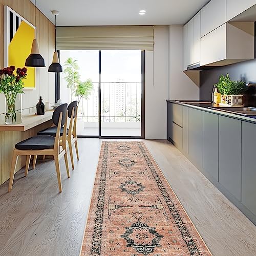 Hallway Washable Runner Rug - 2'6x12 Kitchen Rugs Entryway Rug Runner Vintage Soft Floor Mat Non Slip Indoor Farmhouse Carpet for Bathroom Living Room Bedroom (2'6''x12', Orange) - Image 2
