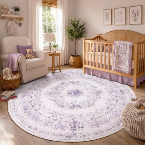Wonnitar Purple Floral Bow 6ft Round Rug, Washable Rug for Living Room - Image 3