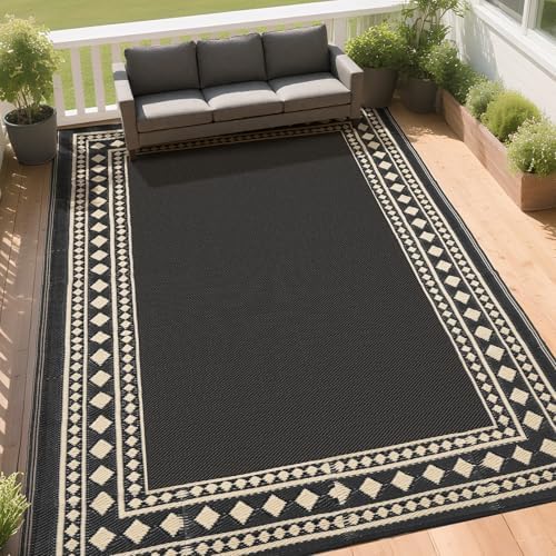 RURALITY Outdoor Rug 9x12 Waterproof for Patio Clearance,Large Plastic Straw Mat for Camping,Porch,RV,Black and Beige - Image 3