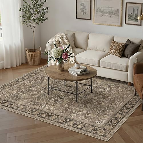 HUGEAR 5x7 Brown Vintage Floral Washable Area Rug for Living Room by HUGEAR