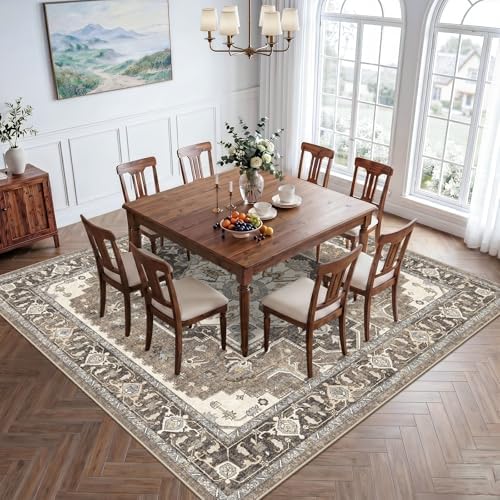 8x8 Area Rug Square for Living Room: Large Non-Slip Washable Rugs for Bedroom Dining Room Vintage Soft Low Pile Carpet Thin Stain Resistant Indoor Floor Mat for Home Office Apartment (Beige,8x8) - Image 3