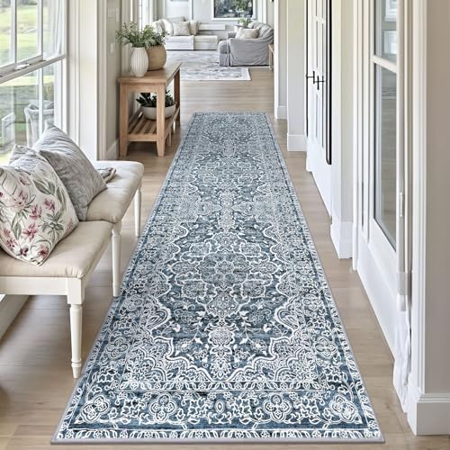 KUTA Vintage Runners for Hallways 2.6x10 Blue White Washable Kitchen Rug - Image 4