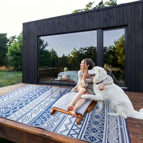 Outdoor Rug 6 x9 ft, Plastic Rug for Patio, Navy & White - Image 3