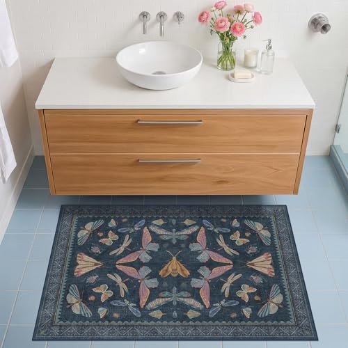 Dark Blue 2x3 Small Rugs for Bathroom Non Slip, Washable Vintage Boho Insect Rug for Kitchen Floor, Entryway Indoor, Powder Room, House Decor Aesthetic, Low Pile Non Slip Carpet by HazoHaus