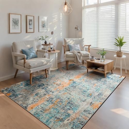 Ompaa Living Room Rug 5x7 Blue Area Rug Machine Washable Boho Rug Non Slip Abstract Vintage Indoor Large Rugs for Bedroom, Classroom, College Dorm, Farmhouse, Dining Room, Kids Playroom - Image 4