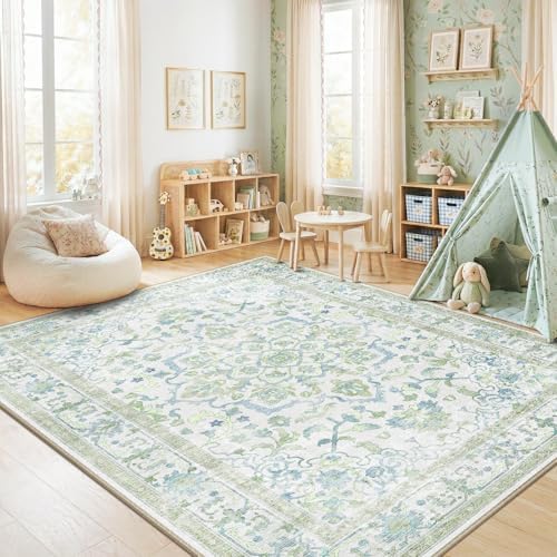 CAPALOCA 9x12 Washable Nursery Girls Low Pile Area Rug Green Blue - Image 3