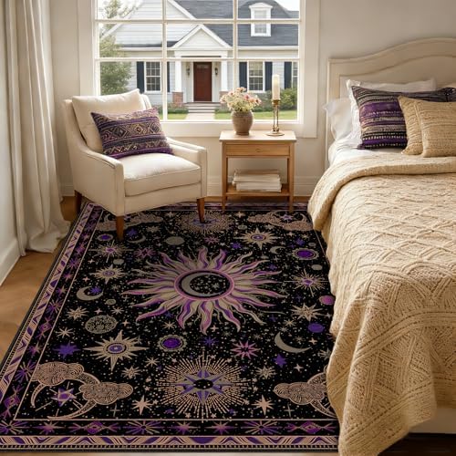 Vacuum-Friendly, 5x8 Washable Area Rug, Black Purple Beige - Image 2