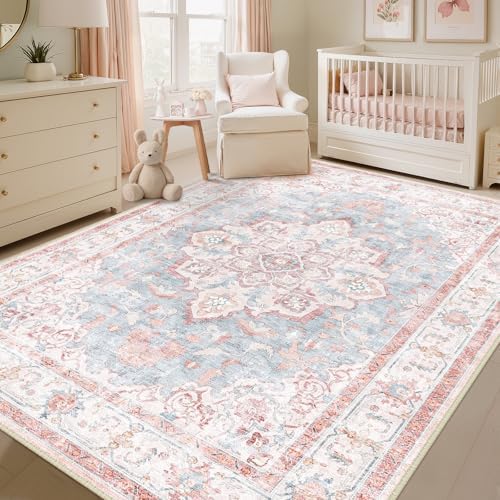 CAPALOCA 9x12 Washable Nursery Girls Low Pile Area Rug Pink Blue - Image 3