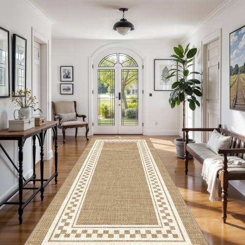 Faux Linen Washable Rug Smooth Breathable Mat 5x12 Warm Brown - Image 4