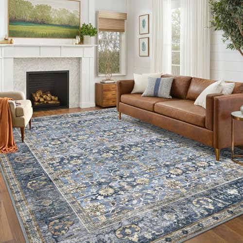 KUTA Vintage Floral 6x9 Area Rugs Blue Grey Beige Washable Rugs by KUTA