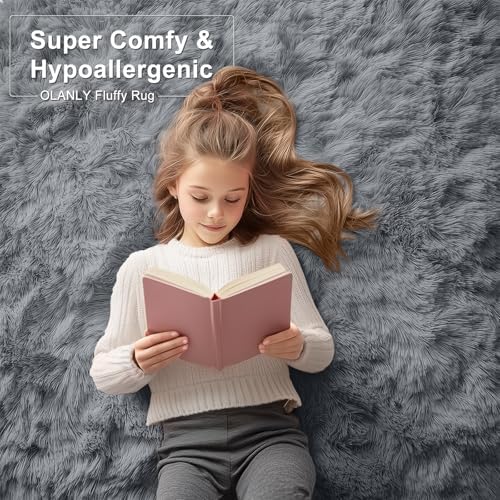OLANLY 4x9 Area Rugs for Living Room Bedroom, Machine Washable Soft Fluffy Shaggy Bedside Rug, Indoor Floor Carpet for Kids Girls and Boys, Dorms, Nursery Rooms, Home Decor Aesthetic, Grey - Image 6