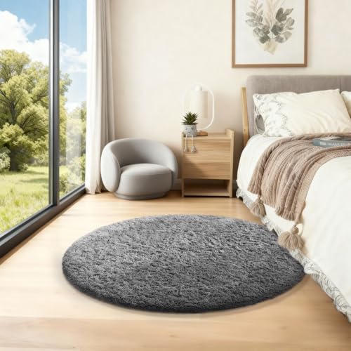 Ophanie Round Rug 2Ft Grey Circle Area Rug, Fluffy Fuzzy Bedroom Carpet, Plush Soft Shaggy Indoor Floor Gray Living Room Rugs for Kids Home Decor Aesthetic, Nursery - Image 3