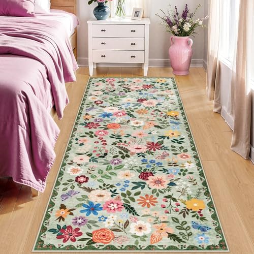 PLHXFR 2x5 Washable Runner Rug：Floral Indoor Kitchen Soft Carpet Green - Image 2
