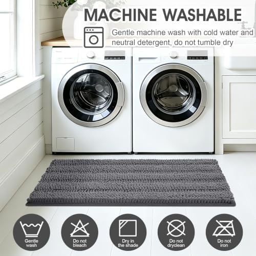 Striped Grey Bathroom Rug Mat Set 2 piece 32"x20"+60"x20" Ultra Soft, Non Slip Chenille Bath Rugs, Absorbent Plush Shaggy Bath Mats for Bathroom, Bedroom, Kitchen, Shower, Tub,Dark Gray, Charcoal - Image 6