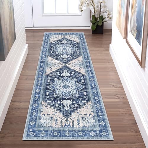 Yamaziot Washable Runner Rug, 2x6 Non-Slip Boho Vintage Hallway Rug Runner with Rubber Backing, Stain Resistant & Low Pile Faux Wool Distressed Carpet Runner for Kitchen, Laundry, Entrance, Blue by Yamaziot