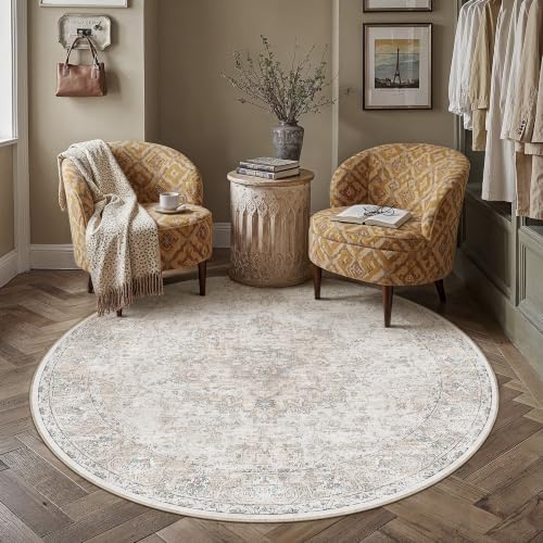 HUGEAR Beige Round Rugs 5x5 Washable Rug Indoor Carpet by HUGEAR