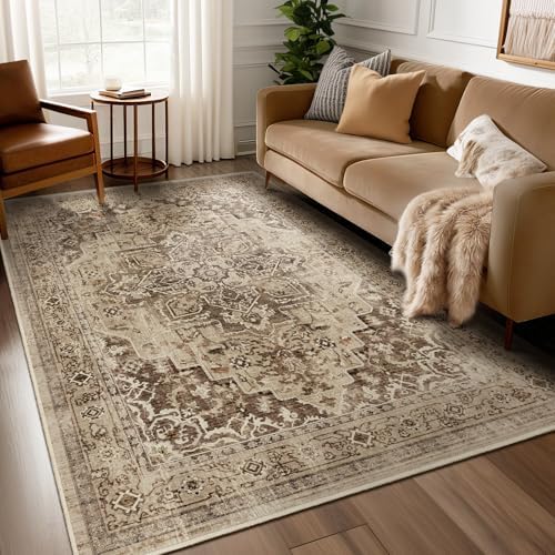 Vintage Brown 5x8 Area Rugs for Living Room, Distressed Medallion Dining Room Rug Washable Non Slip, Low Pile Thin Carpet Rugs for Den/Bedroom/Foyer/Home Office, Earthy Brown Taupe Black by Jainmy