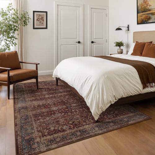 Brick Red 5x8 Washable Rug, Vintage Distressed Area Rugs for Living Room Bedroom Non Slip, Low Pile Thin Carpet Rug for Dining Room/Kitchen/Home Office/Den, Earth Tone Rustic Brick Color - Image 4