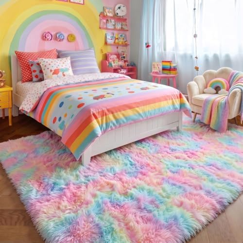 Amdrebio Rainbow Unicorn Fluffy Big Rug 6x9 for Girls Bedroom Living Room - Image 3