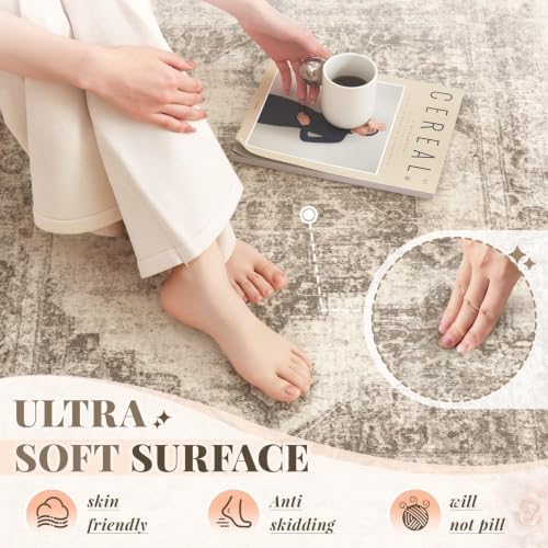 Area Rug 6x9 Vintage Rugs: Washable Indoor Medallion Rug Low Pile Distressed Floor Carpet Retro Accent Rugs for Living Room Bedroom Kitchen Dining Table Home Office(Taupe, 6'x9') - Image 5