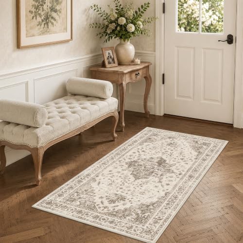 2x4 Washable Entryway Area Rug Non-Slip Medallion Taupe Door Mat - Image 4