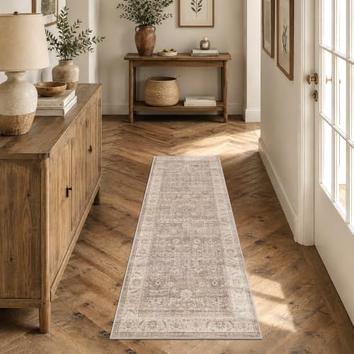 Washable 2x6 Kitchen Soft Runner Rug Vintage Light Taupe Throw Carpet - Image 2