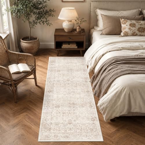 Washable 2.6x8 Kitchen Non-Slip Runner Rug Vintage Beige Throw Carpet - Image 3