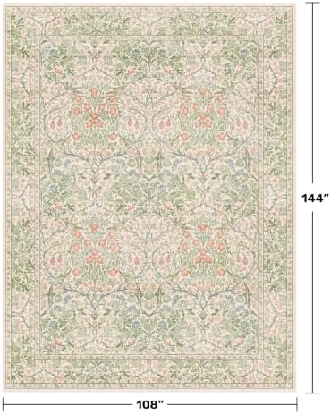 Washable Light Green Rug for Bedroom - 9x12 Large Area Rug for Dining Room Under Table, Living Room, Soft Low Pile Carpet for Playroom - Vintage Floral Non-Slip Stain Resistance (9x12 Beige Green) - Image 2