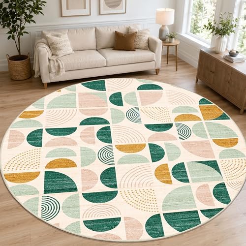 MUJOO Round Rugs 9ft,Circle Area Rug Washable Non Slip Modern Abstract by MUJOO