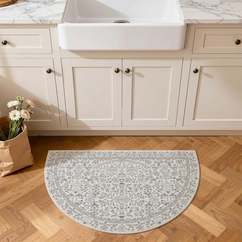 jinchan 2x3 Washable Half Circle Entryway Rug, Vintage Floral, Blue/Cream - Image 3