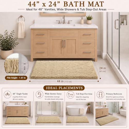 Yimobra Long Bathroom Rug 44x24, Non Slip Washable Fluffy Bath Mat, Beige - Image 2