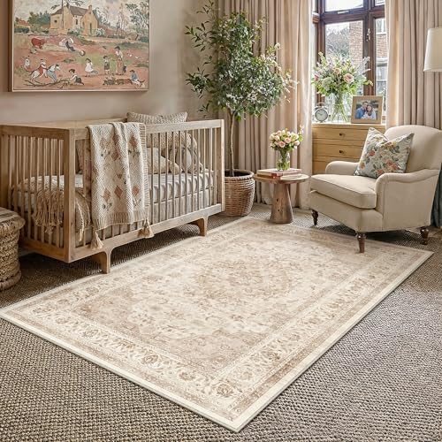 3x5 Beige Washable Area Rug Non Slip Vintage Carpet - Image 3
