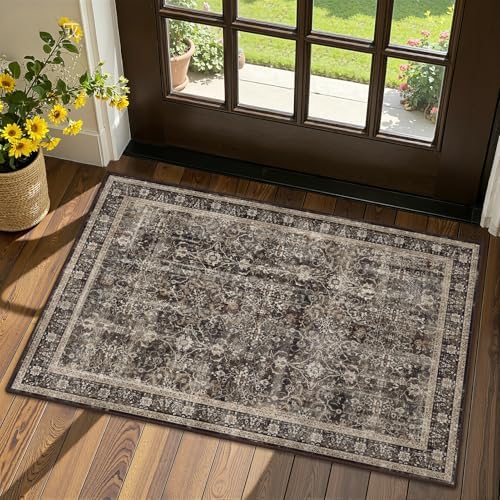 Washable Small Door Rug 2'x3', Vintage MCM, Black/Brown/Beige by Jainmy