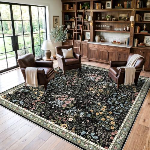 9x9 Square Area Rug Living Room, Non-Slip Floral Washable 8ft Square Rug Low Pile Thin Indoor Carpets for Dining Room Bedroom Office High Traffic Area Boho Vintage Home Decor (9ft Square, Black) - Image 3