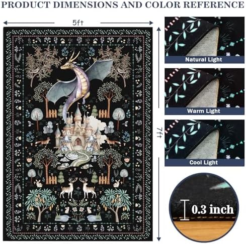nesrt 5x7 Washable Area Rugs for Living Room Bedroom, Black Dragon Animal Print Dining Room Rugs Non Slip, Soft Botanical Forest Nursey Playroom Floor Carpets for Farmhouse Study Home Office Decor - Image 6