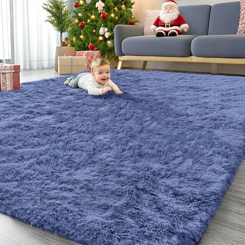 OLANLY 9x12 Machine Washable Large Area Rugs for Living Room, Bedroom, Soft Fluffy Shaggy Bedside Rug, Indoor Floor Carpet for Kids Girls and Boys, Dorms, Nursery, Home Decor Aesthetic, Denim Blue by OLANLY