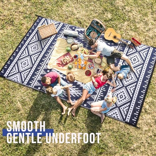 OLANLY Outdoor Rug 6x9 ft Waterproof Reversible Boho Mat, Navy & White - Image 5